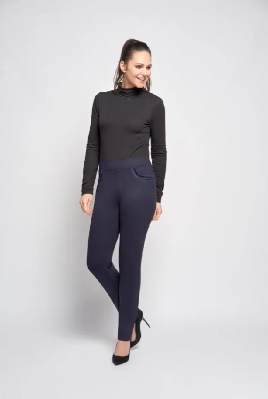 Open - Front Women Sweater for Easy LayeringPinns Navy Jean Style Trouser With Crystal & Velvet Rope Pocket Detail