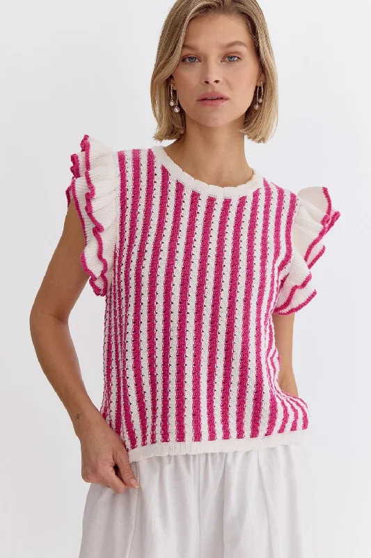 Cashmere Women Sweater with a Luxurious Soft TouchRuffled Stripes Hot Pink Top