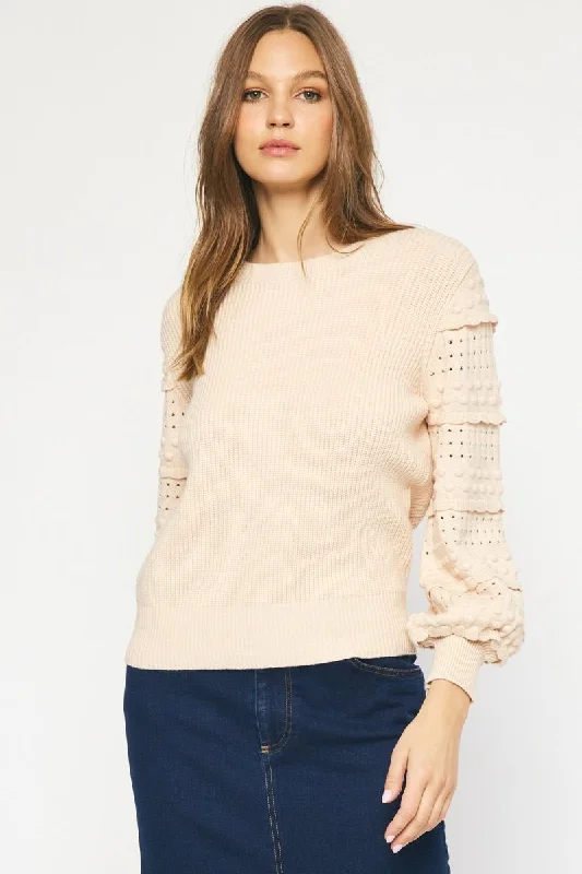 Cashmere Women Sweater with a Luxurious Soft TouchSweet Ruffles Oatmeal Textured Sweater