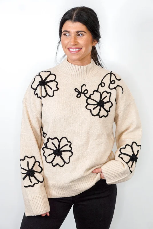 Striped Women Sweater with a Timeless PatternStitch Of Flowers Natural Sweater