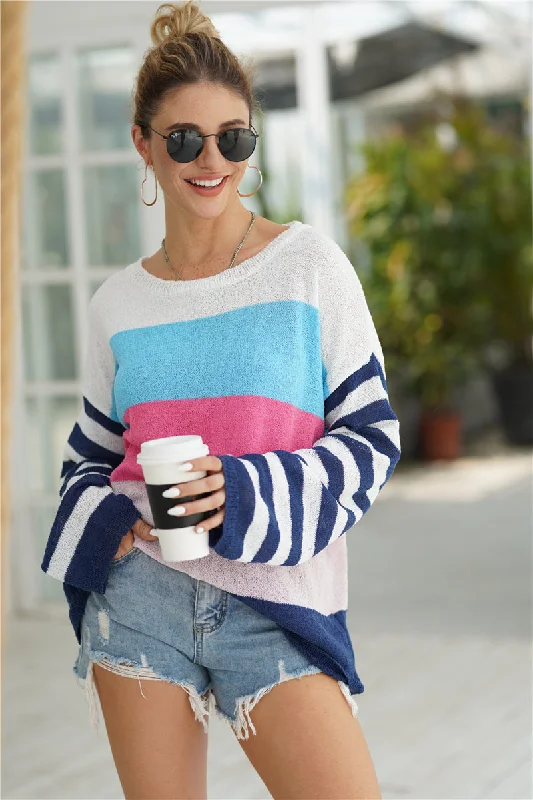 Floral Print Women Sweater for a Feminine AppealStriped Ribbed Trim Bell Sleeve Sweater