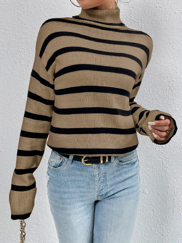 Chunky Knit Women Sweater for Winter WarmthStriped Turtleneck Drop Shoulder Sweater