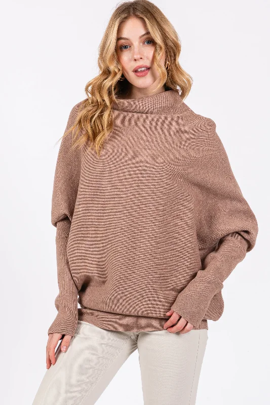 Organic Cotton Women Sweater for an Eco - Friendly ChoiceTaupe Funnel Neck Dolman Sleeve Sweater