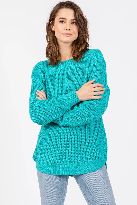 Lightweight Women Sweater for Spring and FallTurquoise Waffle Knit Round Hem Sweater