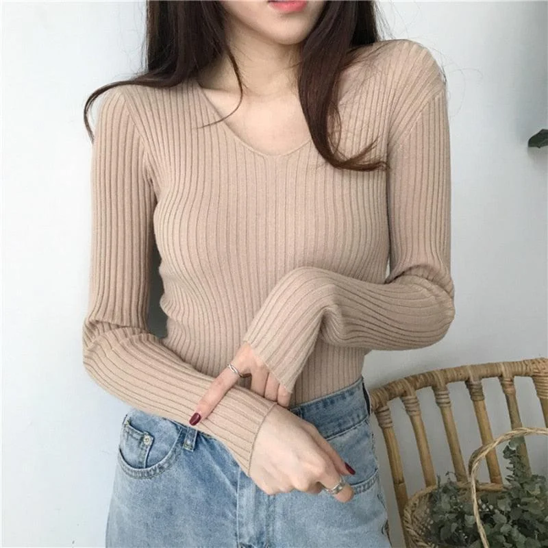 Plus - Size Women Sweater with a Flattering FitV-Neck Slim Knitted Sweater