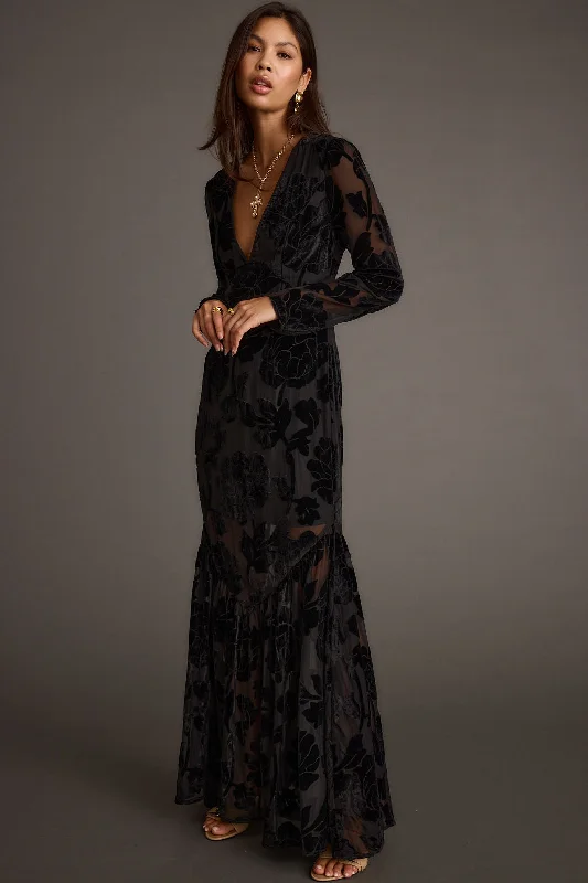 Halter Neck Women Dress to Show Off the Shoulders and NecklineAngela Black Velvet Burnout Long Sleeve Maxi Dress