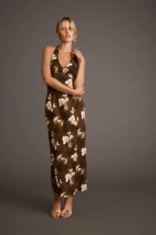 Sheath Women Dress with a Tailored Fit for a Professional LookAudrina Brown Floral Halter Maxi Dress