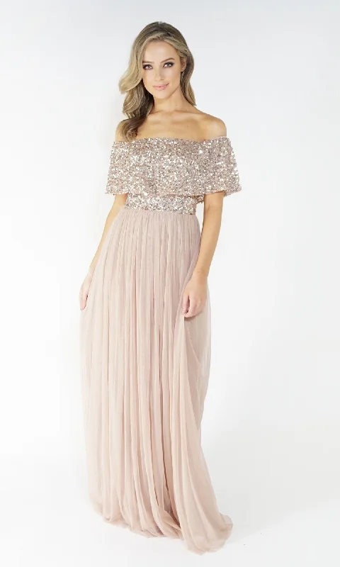 Backless Women Dress for a Sexy and Alluring Look at Evening EventsBardot style tulle dress with delicate sequins