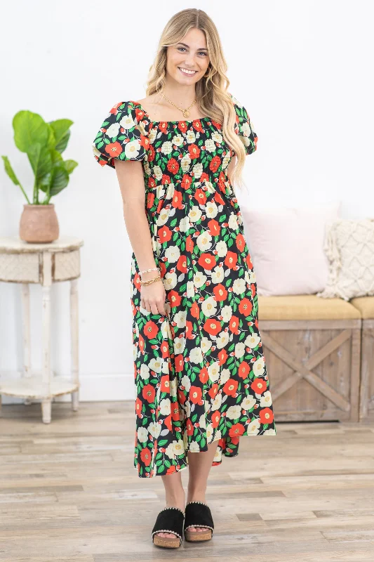 Strapless Women Dress with a Built - in Bra for Comfort and SupportBlack Floral Puff Short Sleeves Midi Dress