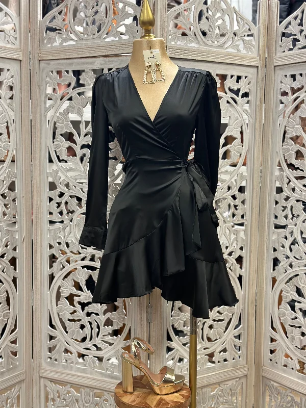 Lace - Embellished Women Dress for an Elegant and Sophisticated AppearanceBlack Silky Wrapped Dress