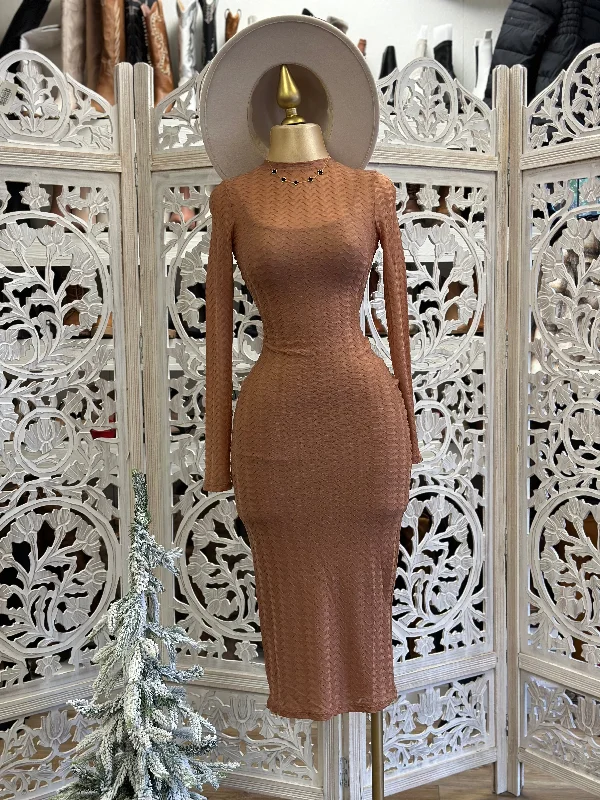 Pleated Women Dress with a Timeless and Elegant TextureBrown Midi Long Sleeve Dress