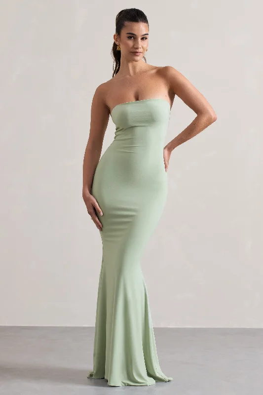 Sheath Women Dress with a Tailored Fit for a Professional LookCeremony | Pale Green Bandeau Fishtail Maxi Dress