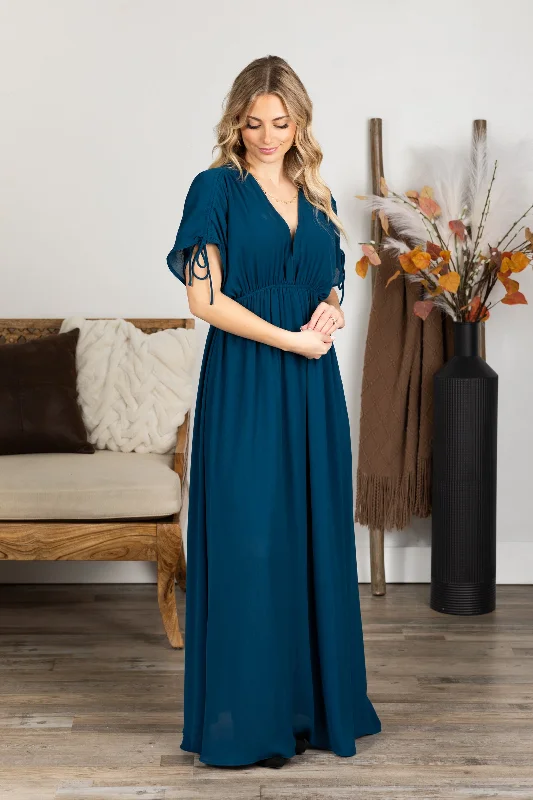 Wrap - Style Women Dress with Adjustable Fit for All Body TypesDark Teal V-Neck Maxi Dress With Pockets