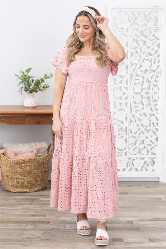 Backless Women Dress for a Sexy and Alluring Look at Evening EventsDusty Pink Eyelet Square Neck Lace Maxi Dress