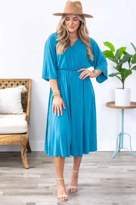 Plus Size Women Dress with a Flattering A - Line Cut for Comfort and StyleDusty Teal Surplice Midi Dress