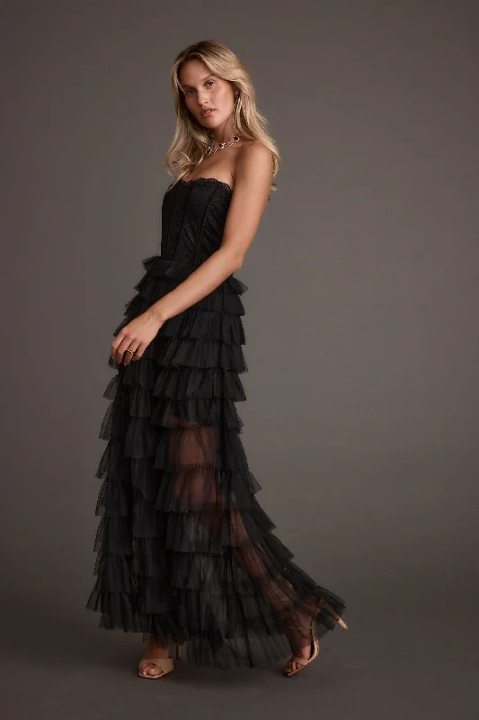 Strapless Women Dress with a Built - in Bra for Comfort and SupportEsme Black Tulle Strapless Maxi Dress