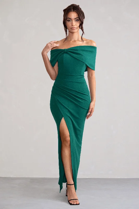 Wrap - Style Women Dress with Adjustable Fit for All Body TypesEva | Green Bardot Bow Detail Maxi Dress With Thigh Split