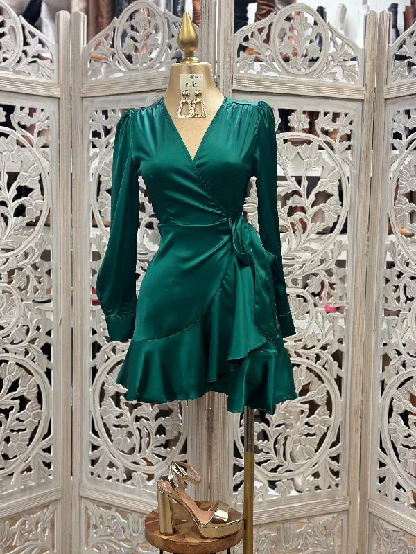 Shift Women Dress with a Simple and Classic Design for Everyday WearForest Green Silky Wrapped Dress