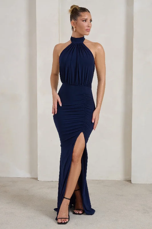 Shift Women Dress with a Simple and Classic Design for Everyday WearForever Dreaming | Navy Backless Halterneck Ruched Split Maxi Dress