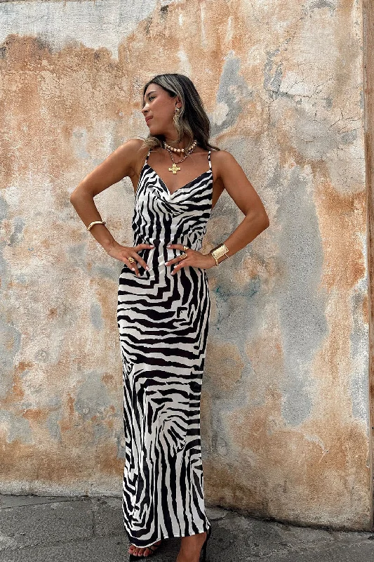 Lace - Embellished Women Dress for an Elegant and Sophisticated AppearanceGianna Zebra Cowl Neck Chiffon Maxi Dress