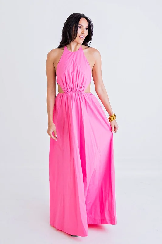 Backless Women Dress for a Sexy and Alluring Look at Evening EventsHot Pink Poplin Cut-Out Maxi Dress