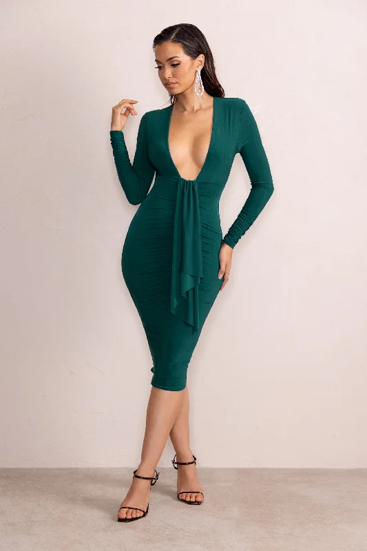 Pleated Women Dress with a Timeless and Elegant TextureInspirational | Bottle Green Plunge Neck Long Sleeves Ruched Midi Dress With Drape Detail