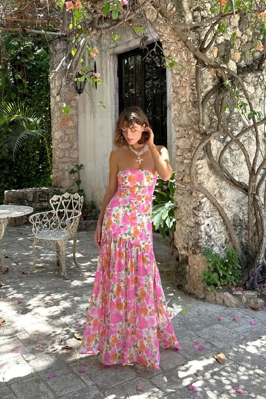 Strapless Women Dress with a Built - in Bra for Comfort and SupportLaBelle Strapless Drop Waist Pink Floral Maxi Dress