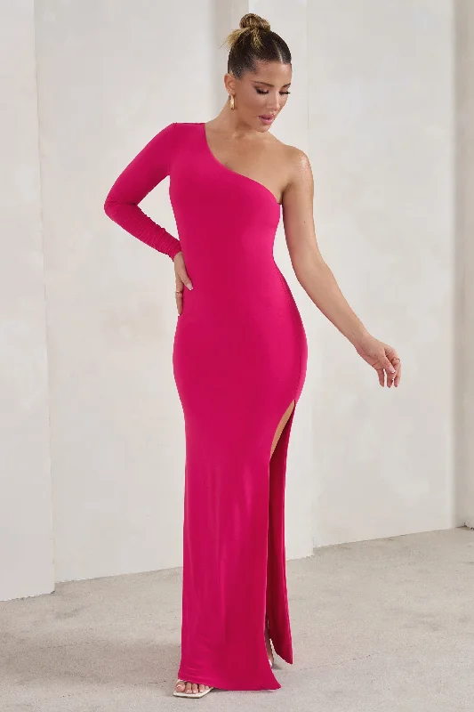 Halter Neck Women Dress to Show Off the Shoulders and NecklineMelanie | Hot Pink One Shoulder Split Maxi Dress