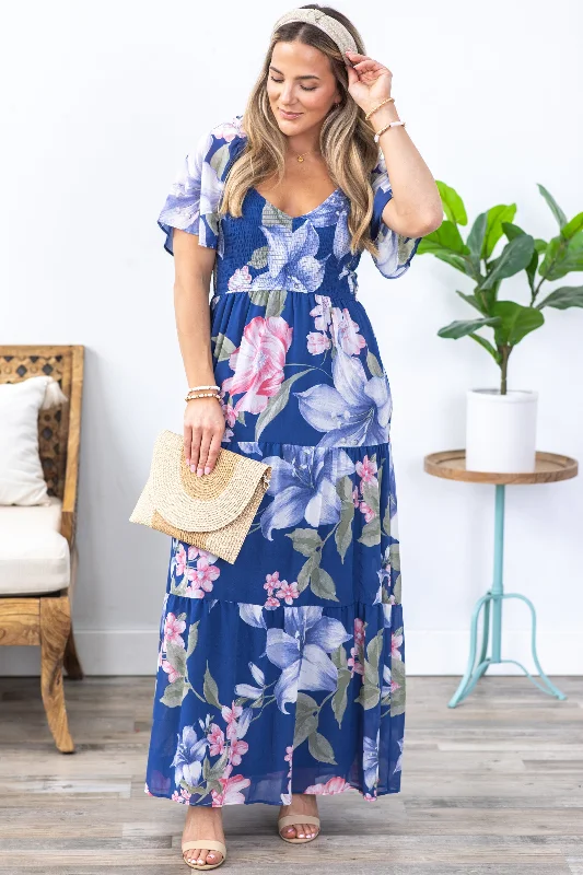 Off - the - Shoulder Women Dress for a Romantic and Feminine LookNavy Floral Smocked And Tiered Maxi Dress