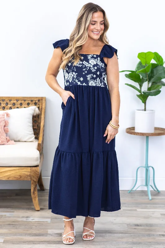 Strapless Women Dress with a Built - in Bra for Comfort and SupportNavy Square Neck Tiered Maxi Dress