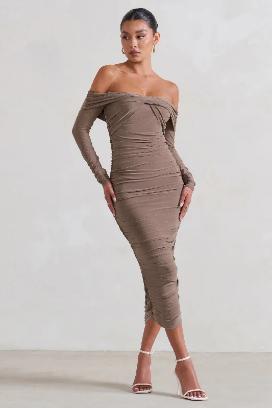 Plus Size Women Dress with a Flattering A - Line Cut for Comfort and StyleNeva | Mocha Bardot Twist Midi Dress