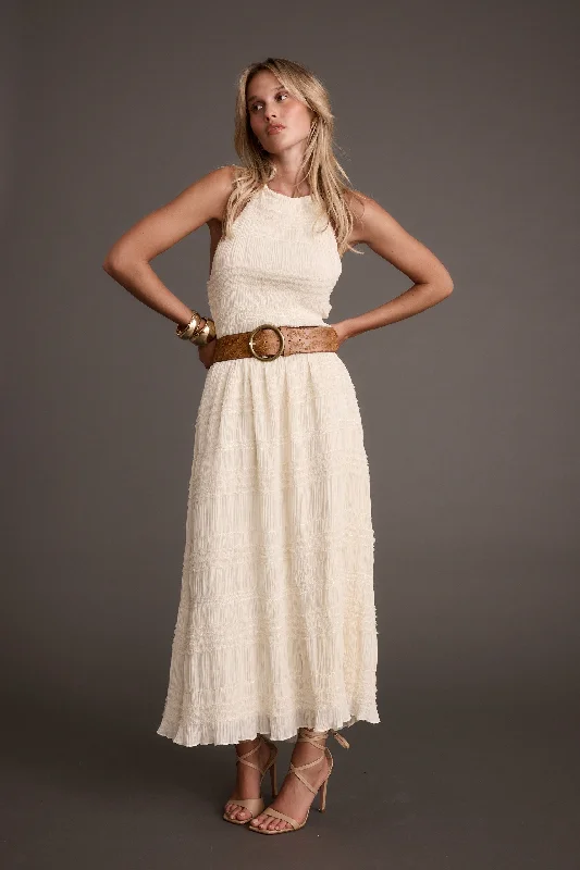 Pleated Women Dress with a Timeless and Elegant TextureQuinn Ivory High Neck Shimmer Chiffon Maxi Dress