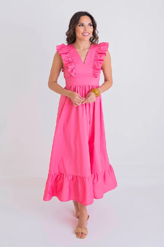 Strapless Women Dress with a Built - in Bra for Comfort and SupportRuffle Vneck Poplin Maxi Dress