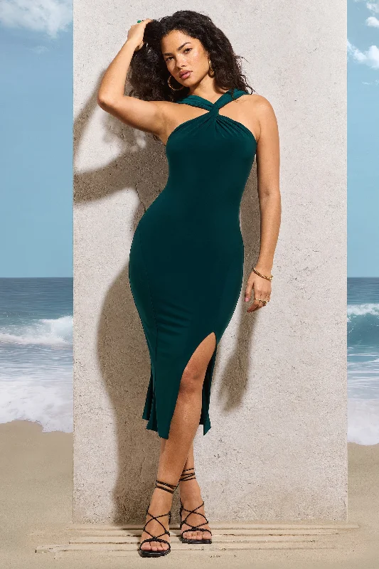 Wrap - Style Women Dress with Adjustable Fit for All Body TypesSadira | Bottle Green Twist-Neck Split Midi Dress