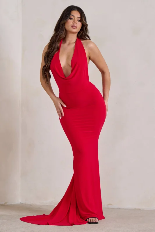 Strapless Women Dress with a Built - in Bra for Comfort and SupportSaffina | Red Cowl Neck Low Back Maxi Dress