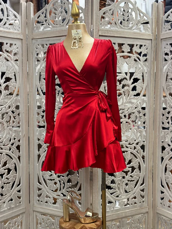 Pleated Women Dress with a Timeless and Elegant TextureSilky Red Wrapped Dress