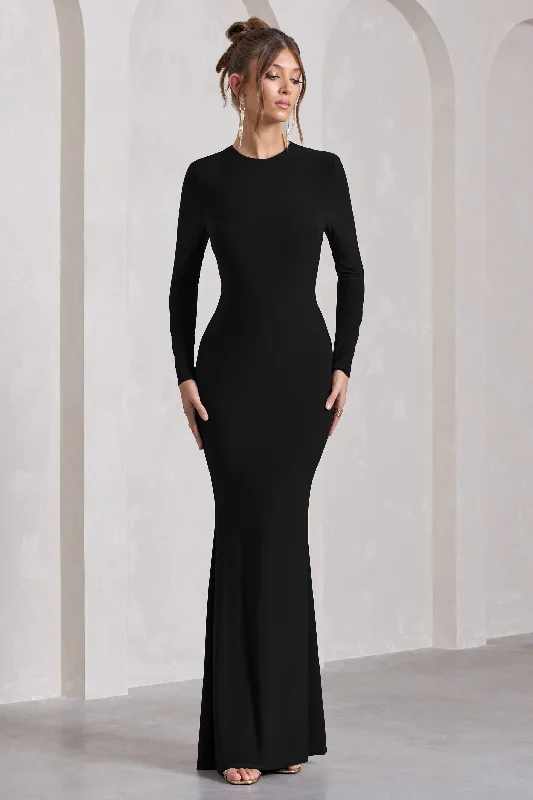 Off - the - Shoulder Women Dress for a Romantic and Feminine LookStarring | Black Long-Sleeve Backless Fishtail Maxi Dress