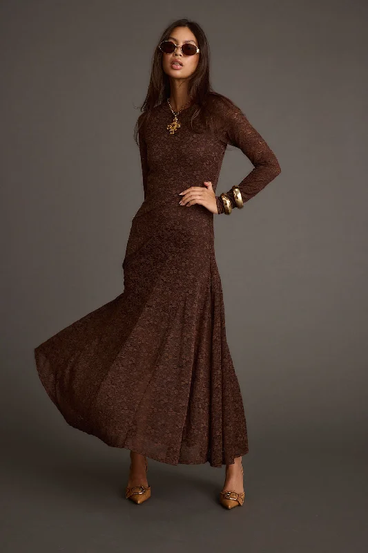 Backless Women Dress for a Sexy and Alluring Look at Evening EventsTierra Brown Lace Long Sleeve Maxi Dress