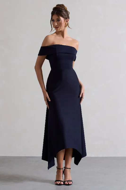 Empire Waist Women Dress to Accentuate the Bust and Conceal the WaistWindsor | Navy Bardot Midi Dress