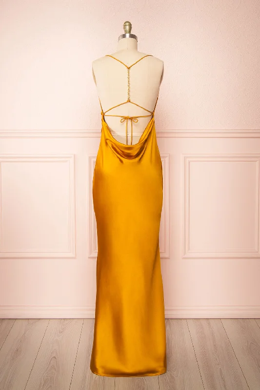 Mermaid - Style Women Dress with a Fitted Silhouette for Special OccasionsAreane Yellow | Cowl Neck Satin Maxi Dress w/ Chain