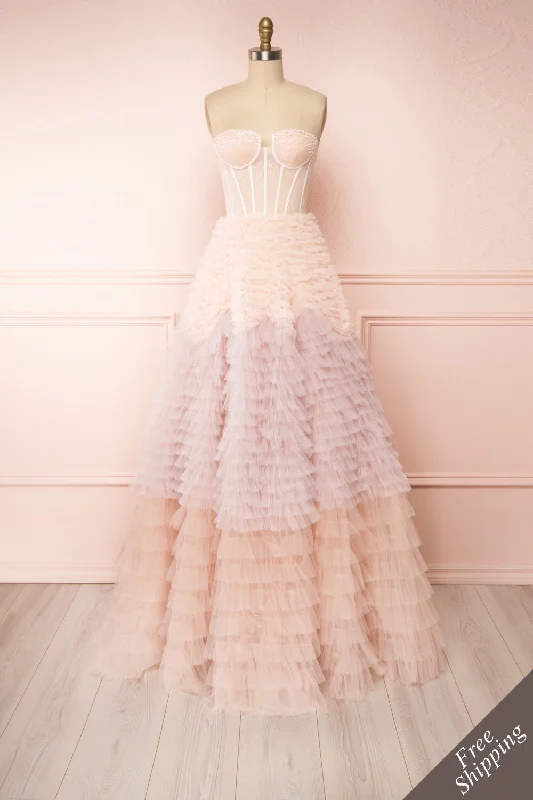 Backless Women Dress for a Sexy and Alluring Look at Evening EventsAsako Blush | Bustier Layered Tulle Maxi Dress