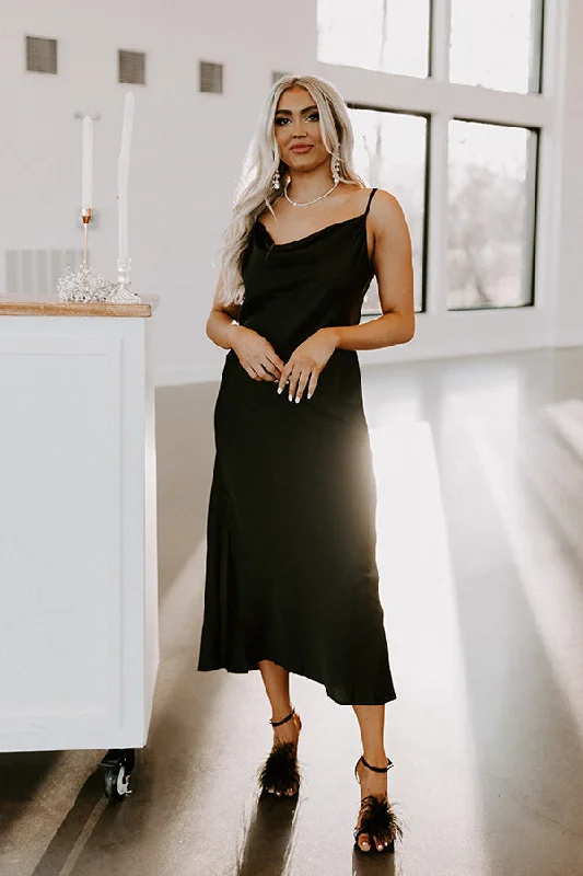 Wrap - Style Women Dress with Adjustable Fit for All Body TypesClassy And Confident Satin Midi In Black