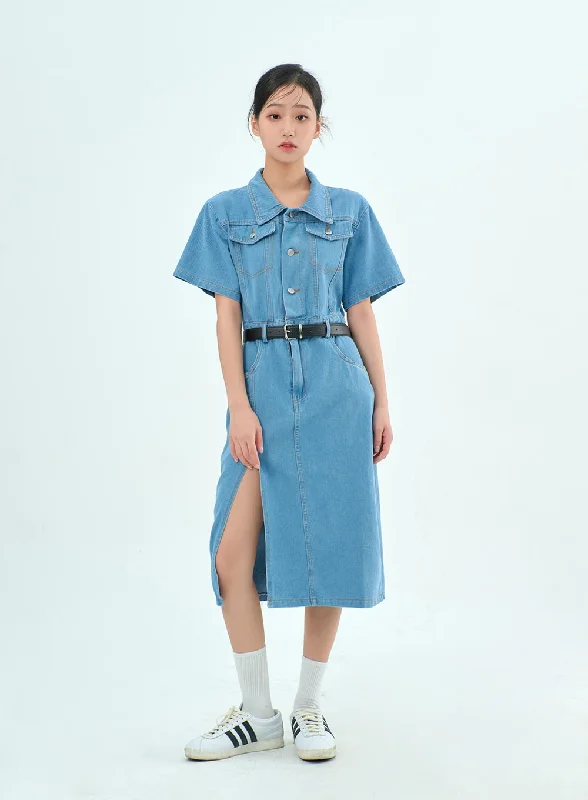 Pleated Women Dress with a Timeless and Elegant TextureDenim Midi Dress With Belt BY308