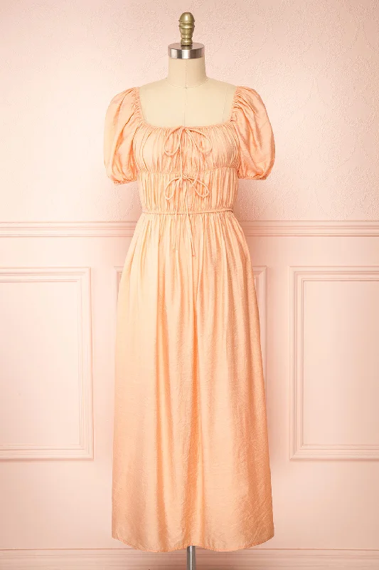 Shift Women Dress with a Simple and Classic Design for Everyday WearImna Peach | A-Line Midi Dress w/ Puffy Sleeves