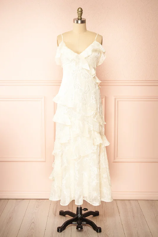 Pleated Women Dress with a Timeless and Elegant TextureIxilda | Long Ivory Floral Dress w/ Ruffles