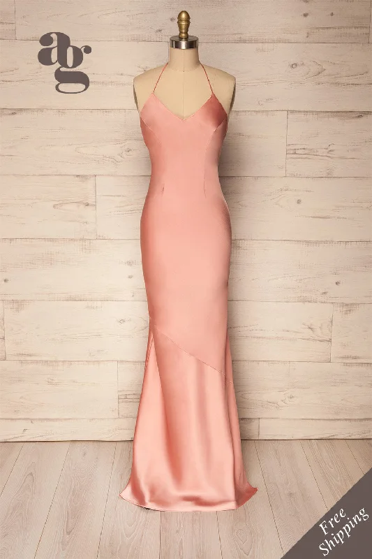 Mermaid - Style Women Dress with a Fitted Silhouette for Special OccasionsJude Blush | Backless Silky Halter Dress