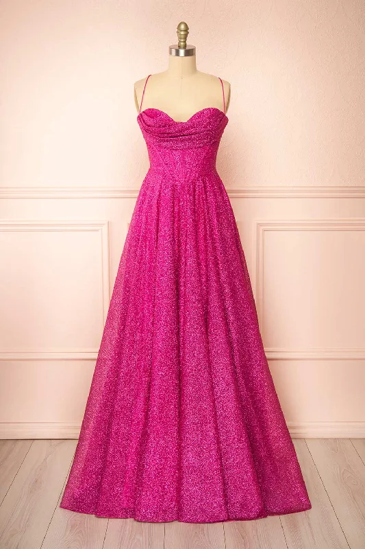 Ball Gown Women Dress with a Full Skirt for a Princess - like LookLexy Fuchsia | Sparkly Cowl Neck Maxi Dress