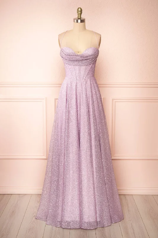 Lace - Embellished Women Dress for an Elegant and Sophisticated AppearanceLexy Lilac | Sparkly Cowl Neck Maxi Dress