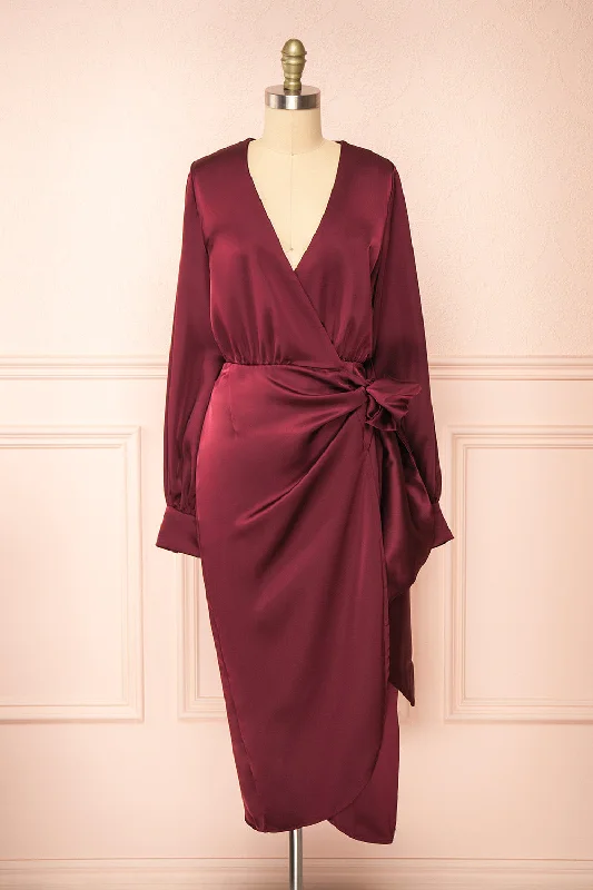 Empire Waist Women Dress to Accentuate the Bust and Conceal the WaistLunaria Burgundy | Satin Wrap Midi Dress w/ Long Sleeves