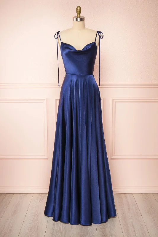 Sleeveless Women Dress in Bright Colors for Summer PartiesMoira Navy |  Cowl Neck Satin Maxi Dress w/ High Slit